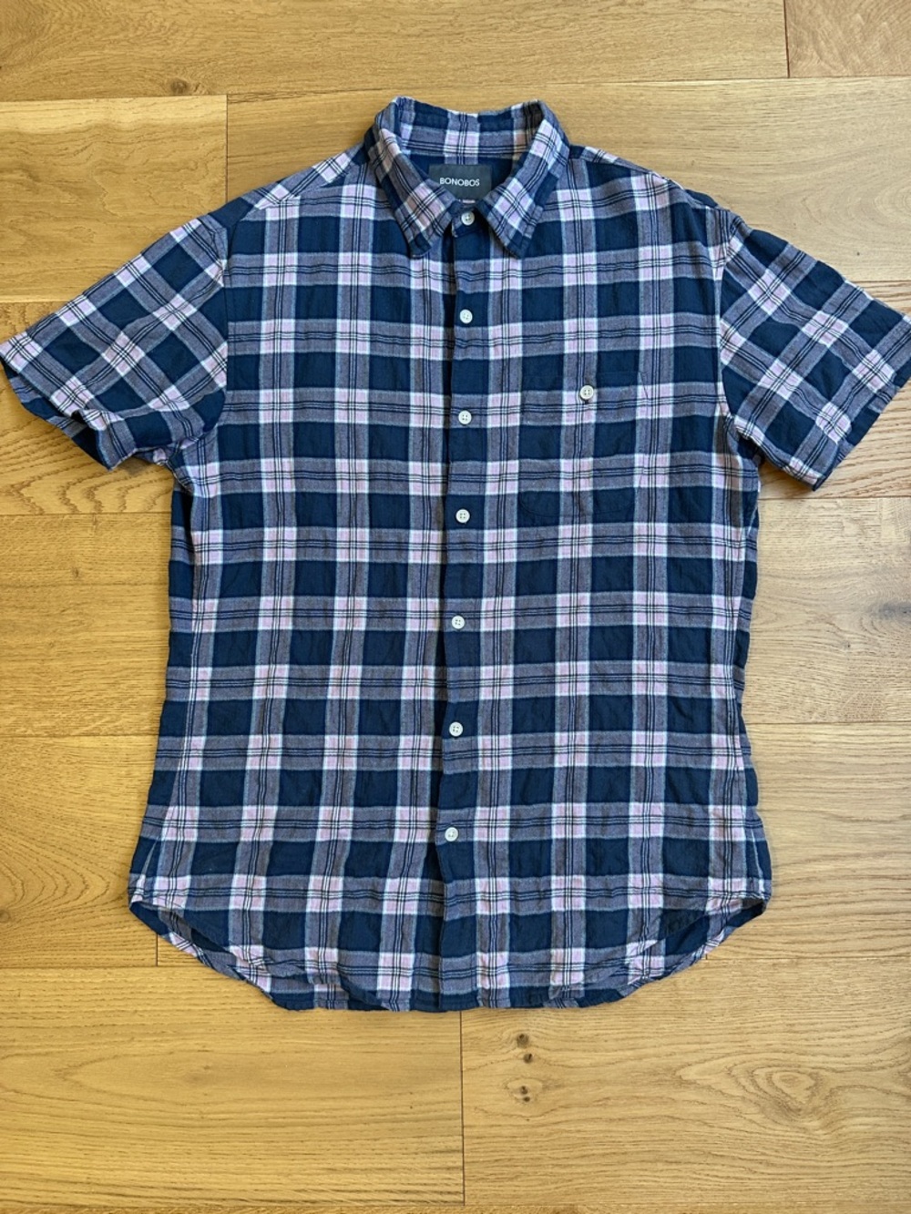 Bonobos Navy and Pink Plaid Short-Sleeve Button-Down Shirt